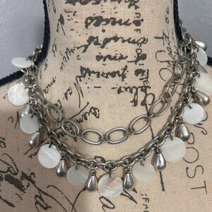 Premier Designs dual strand necklace brushed silver and pearl